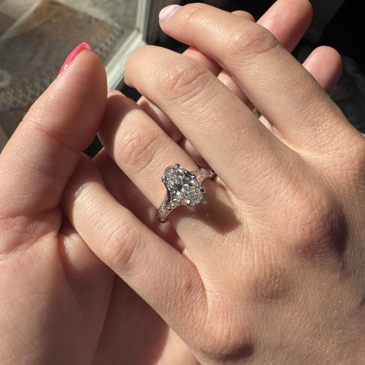 Moval-Cut Diamond Ring with Tulip Petals
