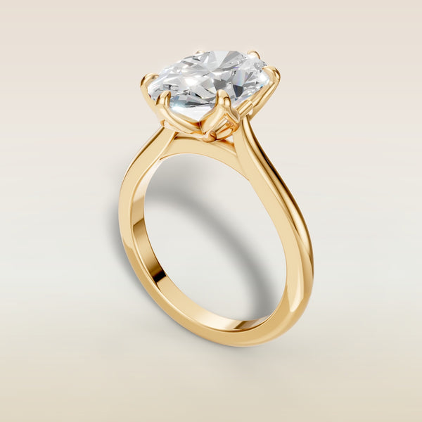 Oval Tulip Six Petal engagement ring in yellow gold, angled view