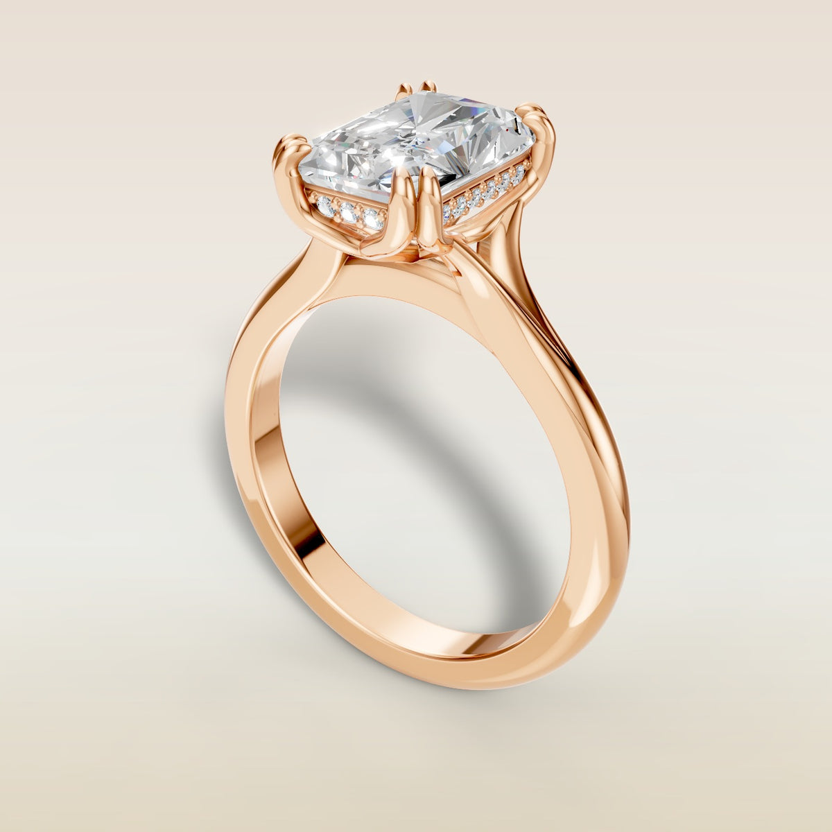 Radiant Tulip Hidden Halo Double Prong Split Shank engagement ring in rose gold, angled view