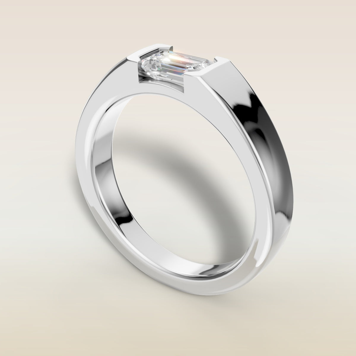 Emerald Half Bezel Low Profile engagement ring in white gold, angled view