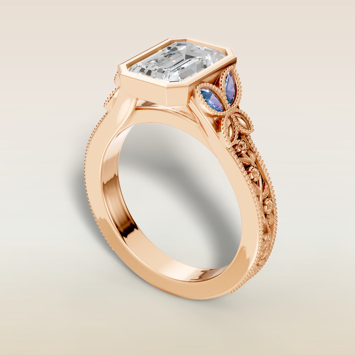 Emerald Full Bezel Floral Engraved engagement ring in rose gold, angled view