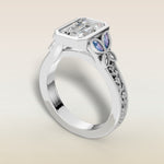 Emerald Full Bezel Floral Engraved engagement ring in white gold, angled view