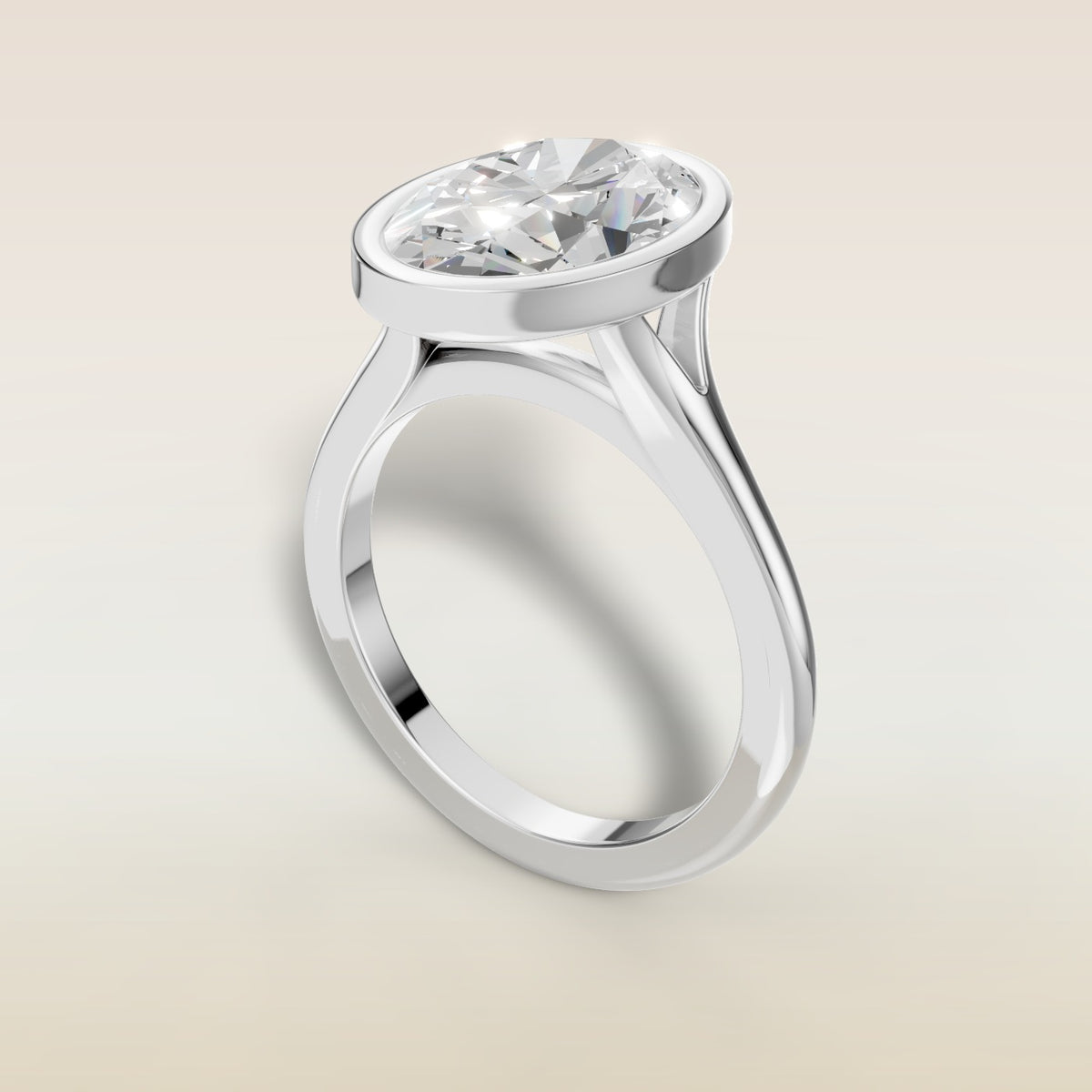 Oval Full Bezel Split Shank engagement ring in white gold, angled view