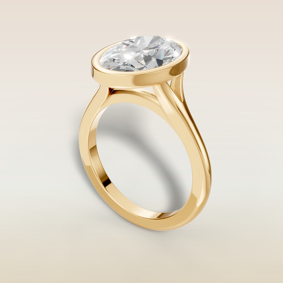 Oval Full Bezel Split Shank engagement ring in yellow gold, angled view