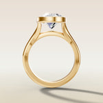 Oval Full Bezel Split Shank engagement ring in yellow gold, front view