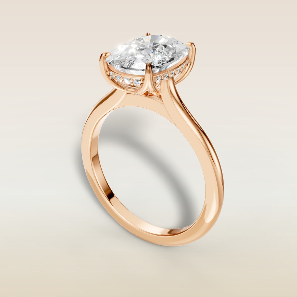 Cushion Tulip with Hidden Halo engagement ring in rose gold, angled view