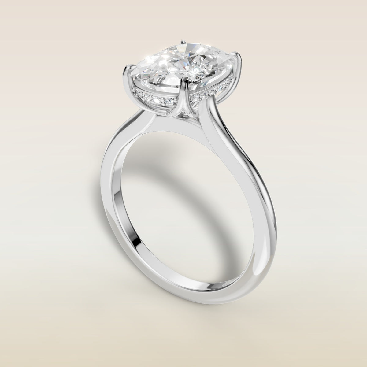 Cushion Tulip with Hidden Halo engagement ring in white gold, angled view