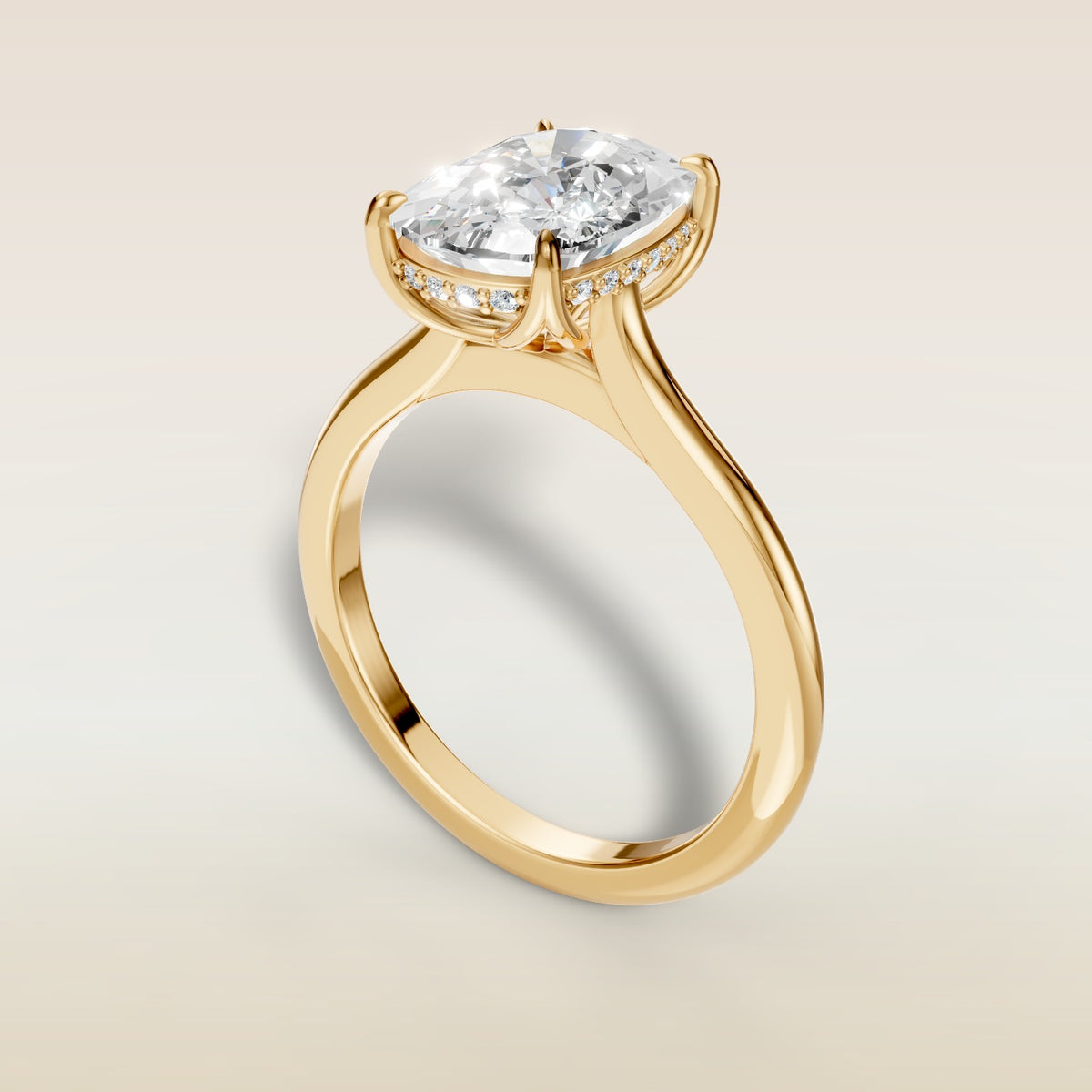 Cushion Tulip with Hidden Halo engagement ring in yellow gold, angled view