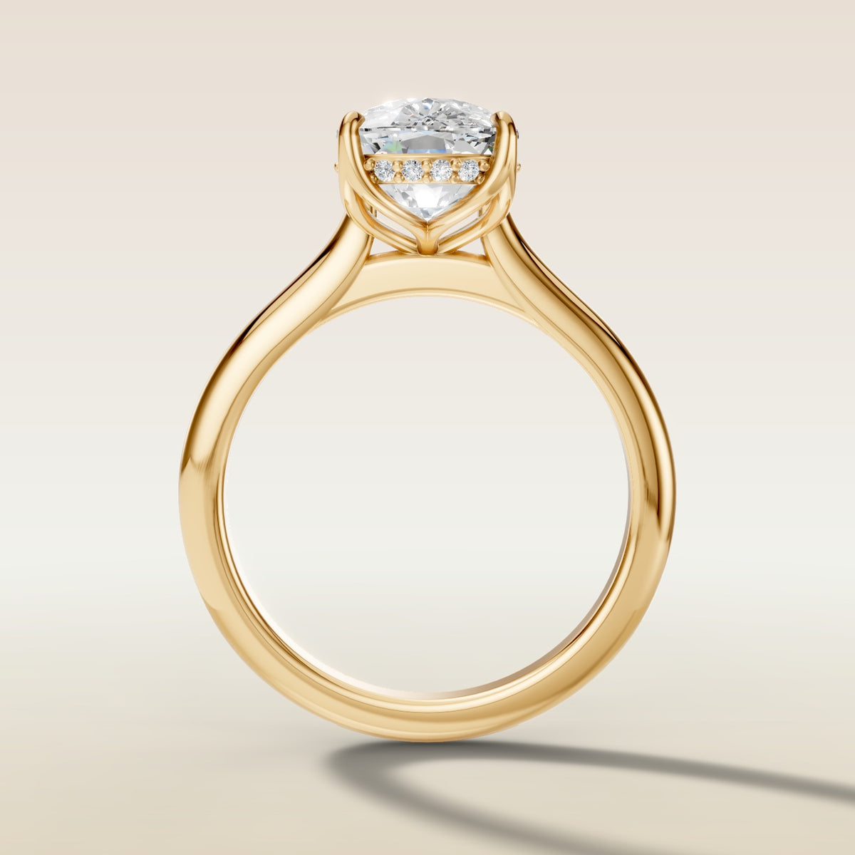 Cushion Tulip with Hidden Halo engagement ring in yellow gold, front view