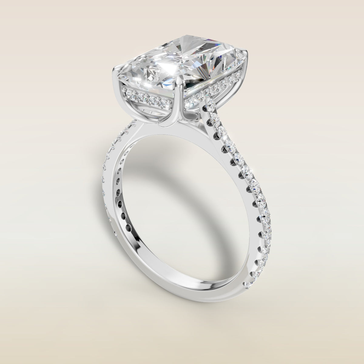Radiant Tulip Hidden Halo Pave engagement ring in white gold, angled view