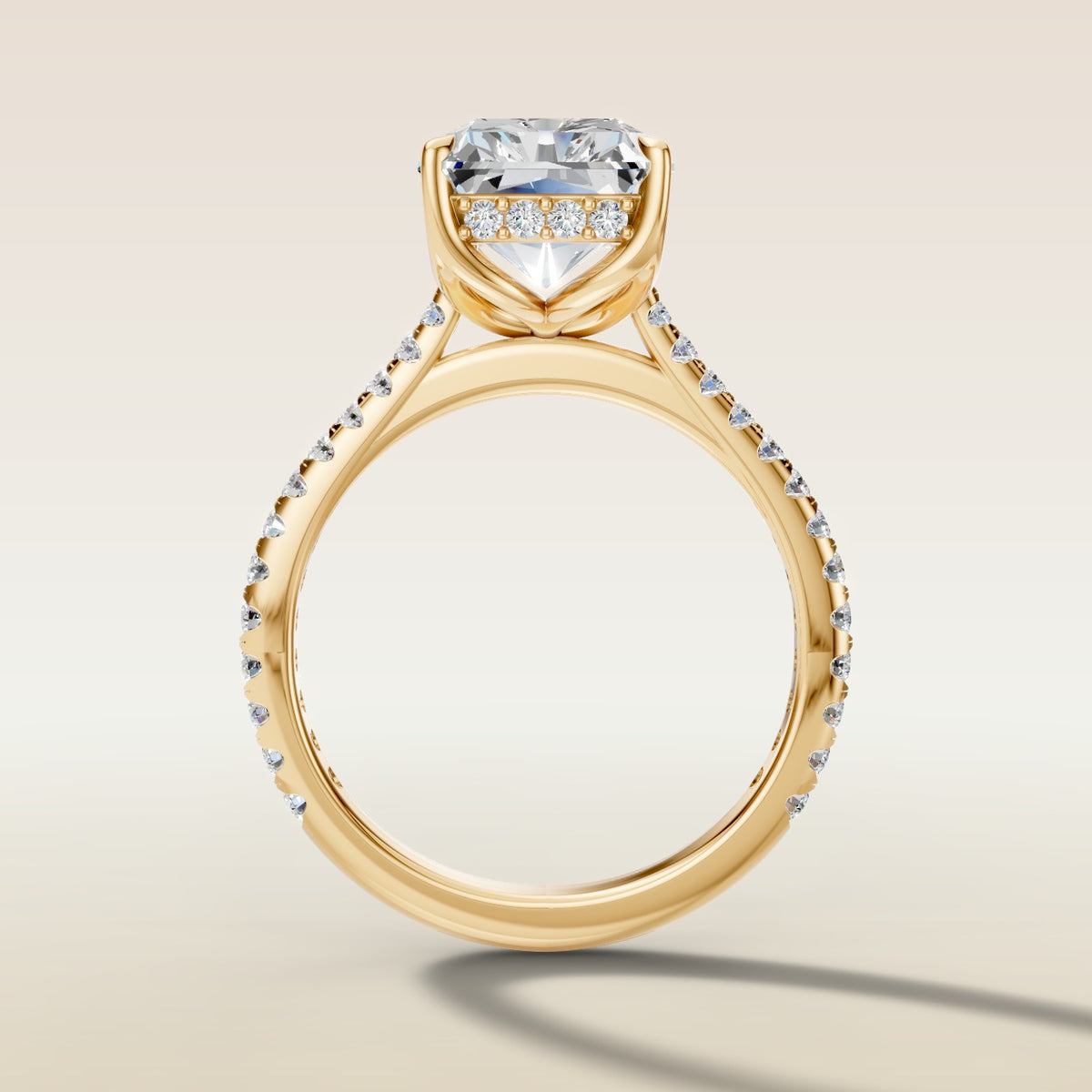 Radiant Tulip Hidden Halo Pave engagement ring in yellow gold, front view
