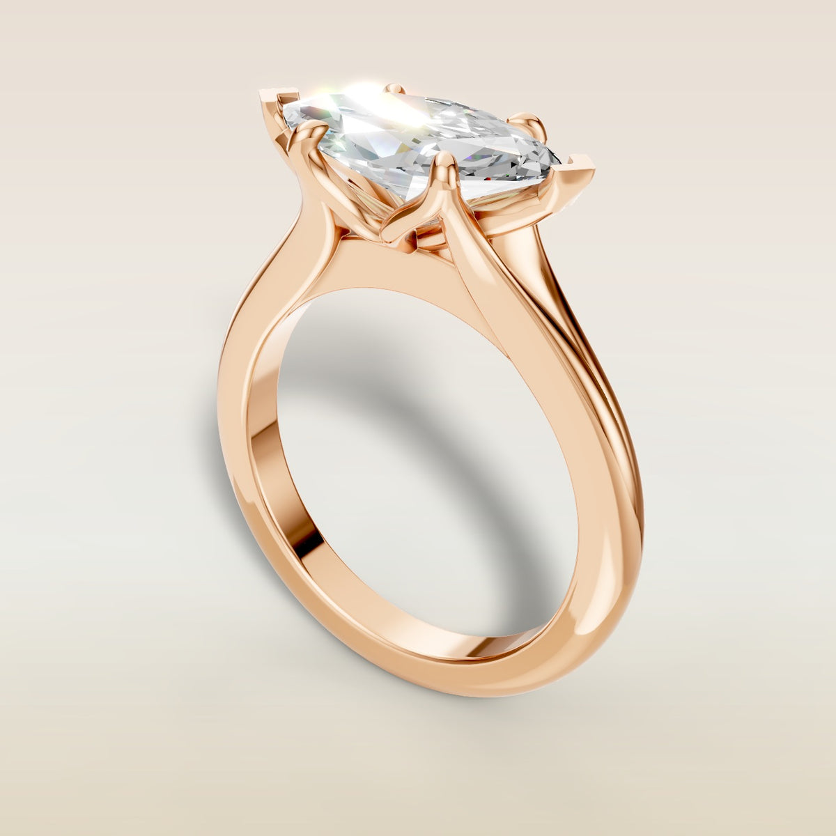 Marquise East West Tulip Split Shank engagement ring in rose gold, angled view
