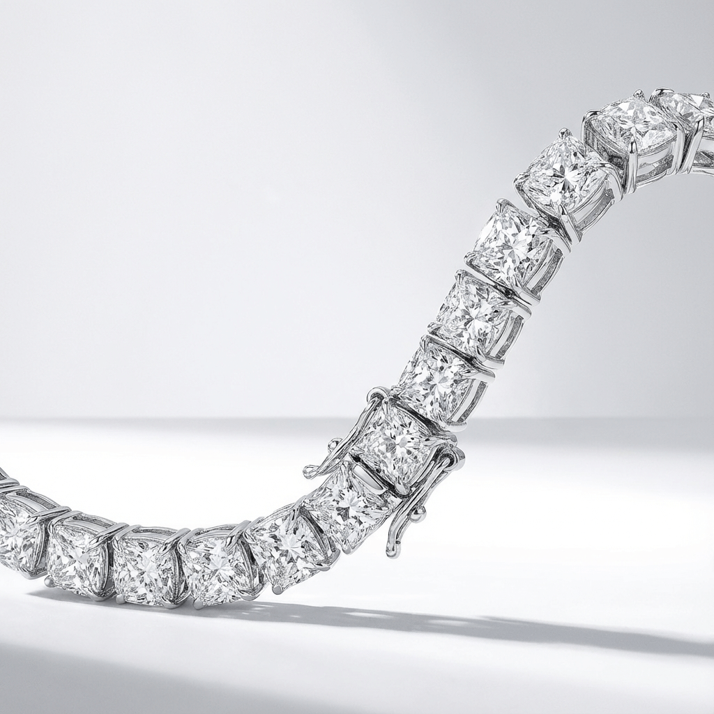 Lab grown diamond tennis bracelet with cushion cut diamonds in white gold