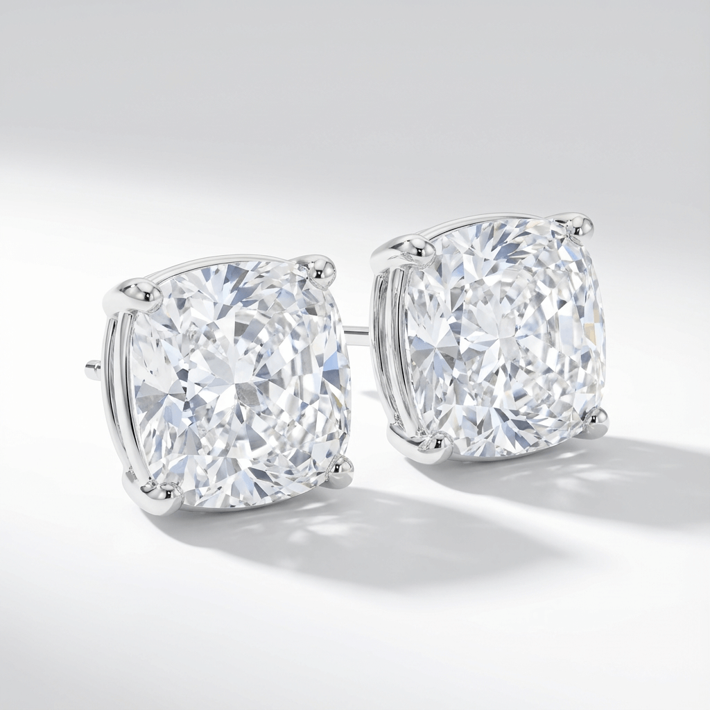 Lab grown diamond stud earrings with cushion cut diamonds in white gold