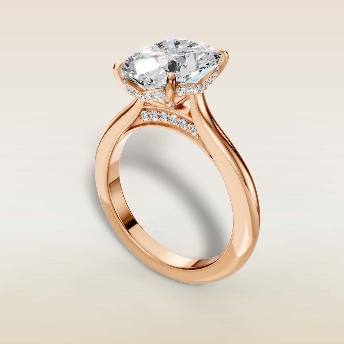 Cushion Curved Hidden Halo Diamond Bridge engagement ring in rose gold, angled view