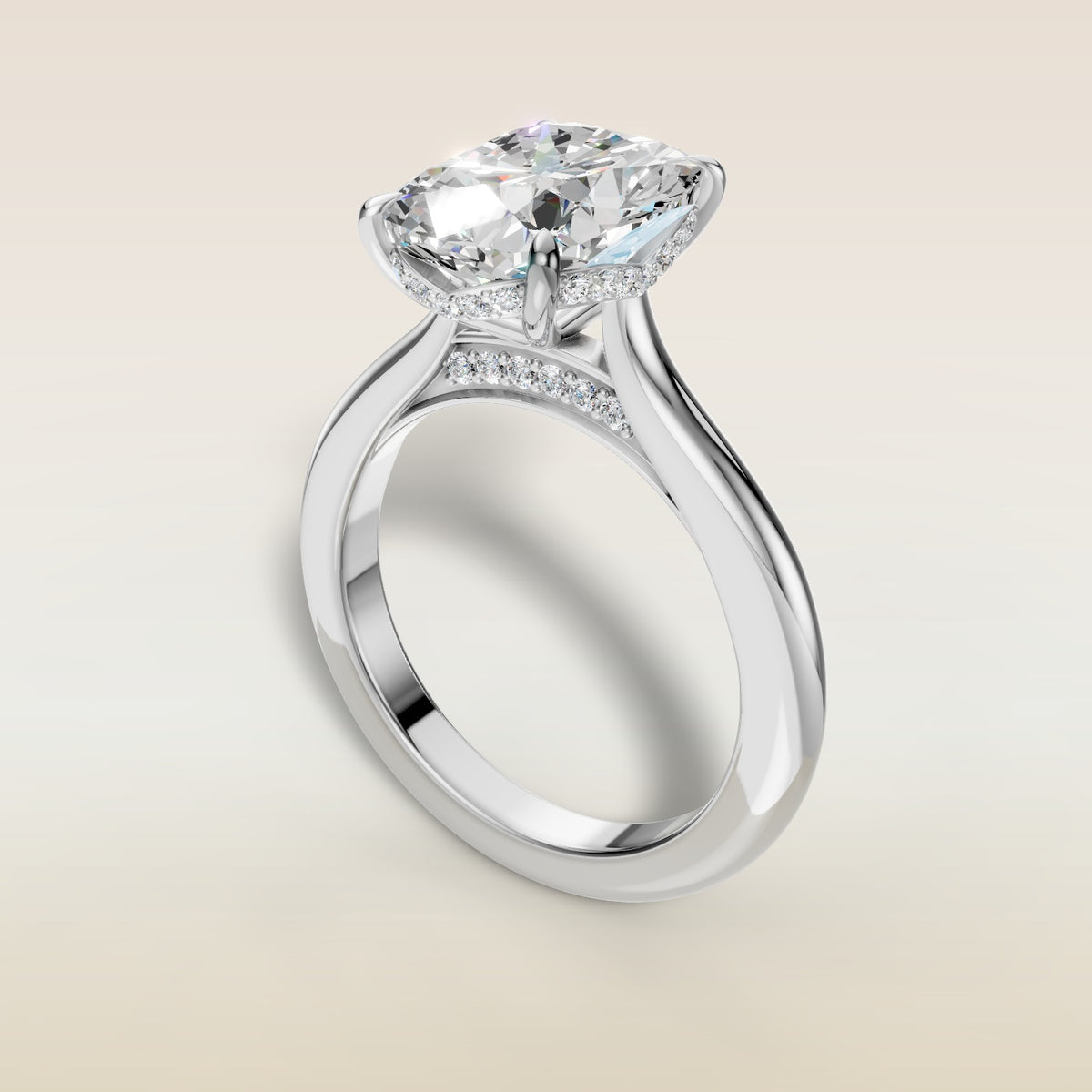 Cushion Curved Hidden Halo Diamond Bridge engagement ring in white gold, angled view
