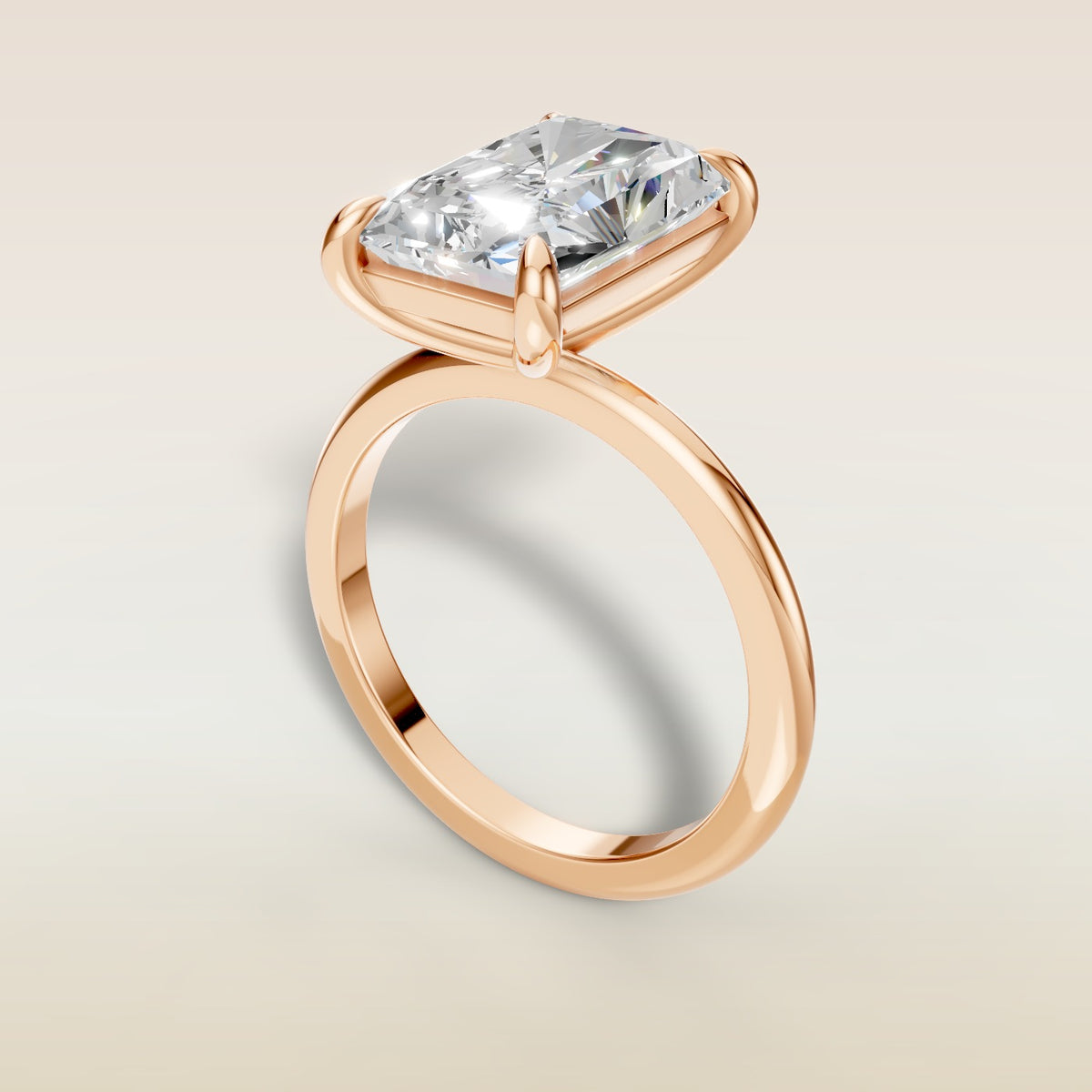 Radiant Classic Solitaire engagement ring in rose gold, angled view