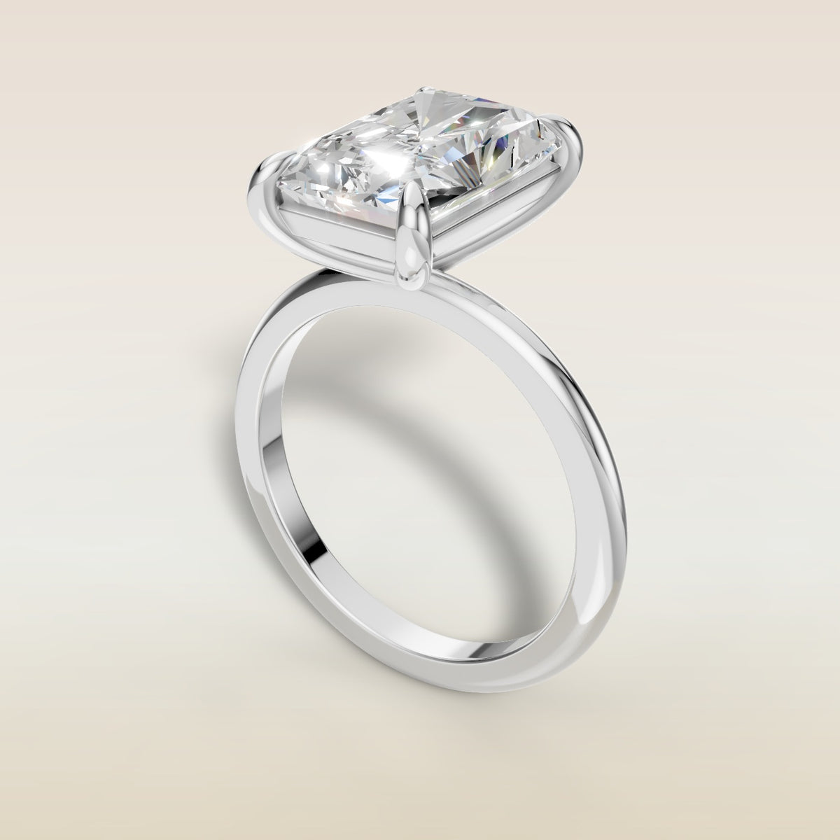 Radiant Classic Solitaire engagement ring in white gold, angled view