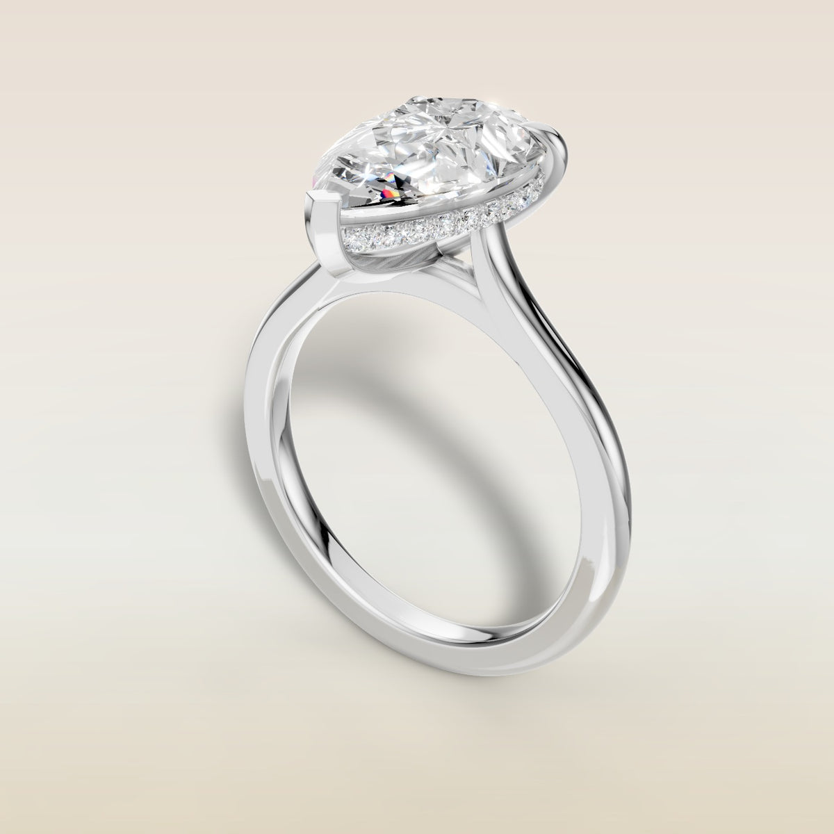 Pear Hidden Halo Cathedral engagement ring in white gold, angled view