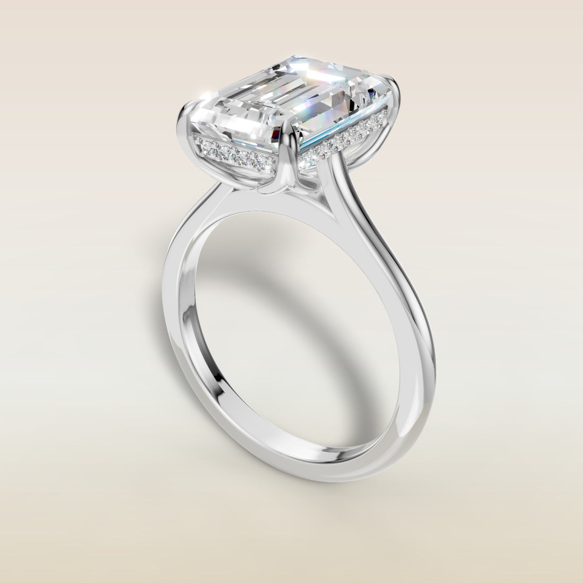 Emerald Tulip with Hidden Halo engagement ring in white gold, angled view