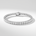 Lab grown diamond tennis bracelet with emerald cut diamonds in white gold