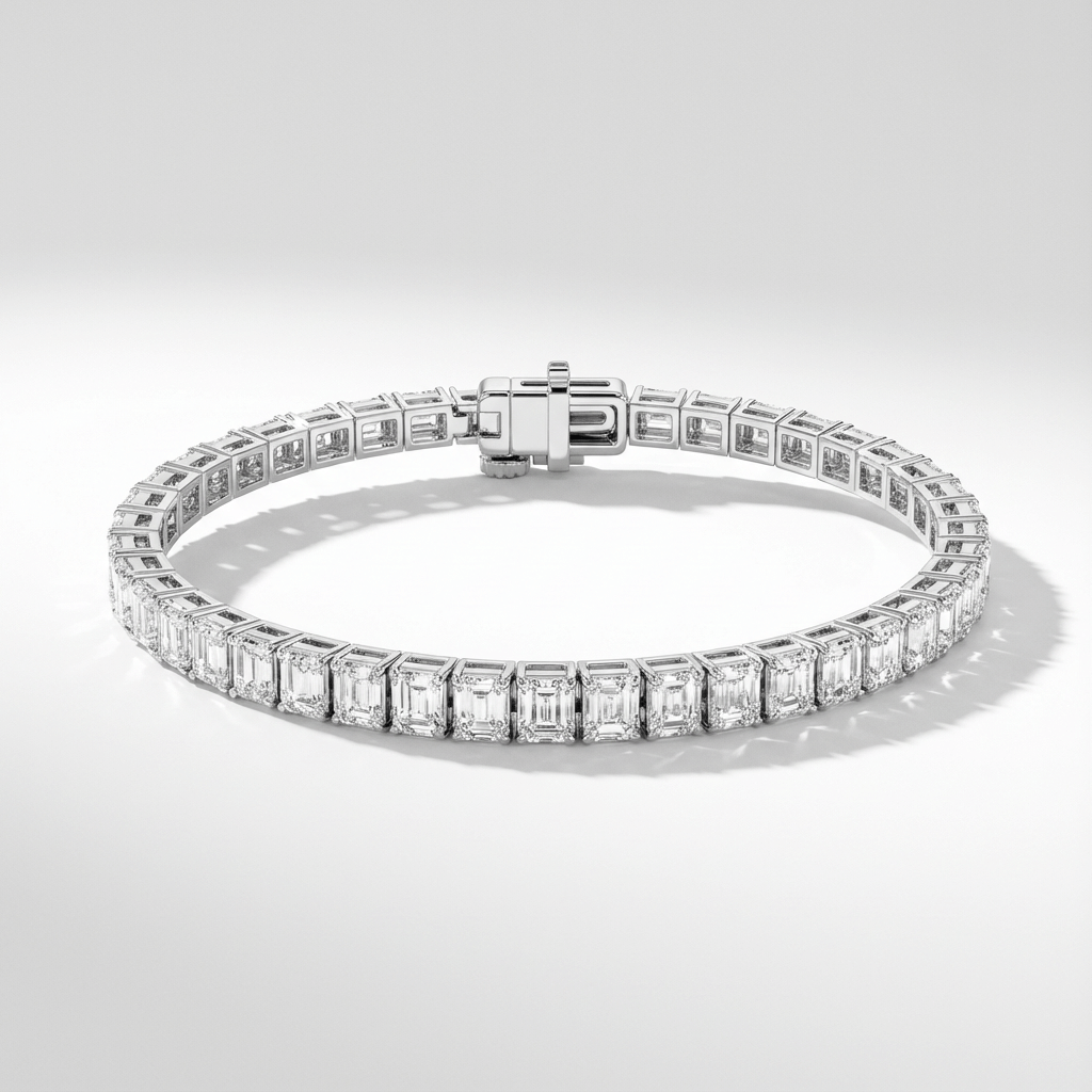 Lab grown diamond tennis bracelet with emerald cut diamonds in white gold