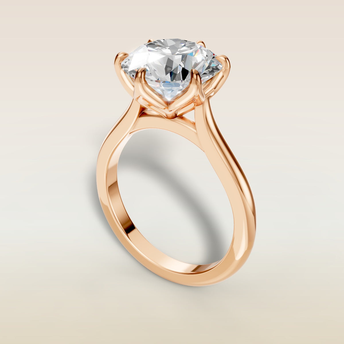 Round Tulip Six Petal engagement ring in rose gold, angled view
