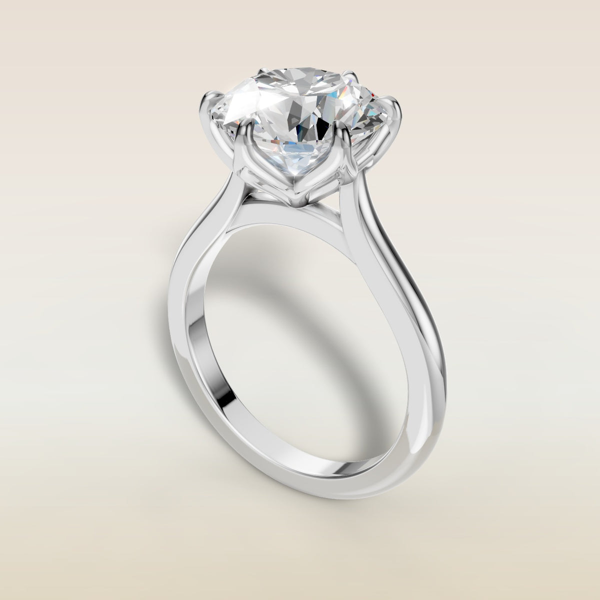 Round Tulip Six Petal engagement ring in white gold, angled view