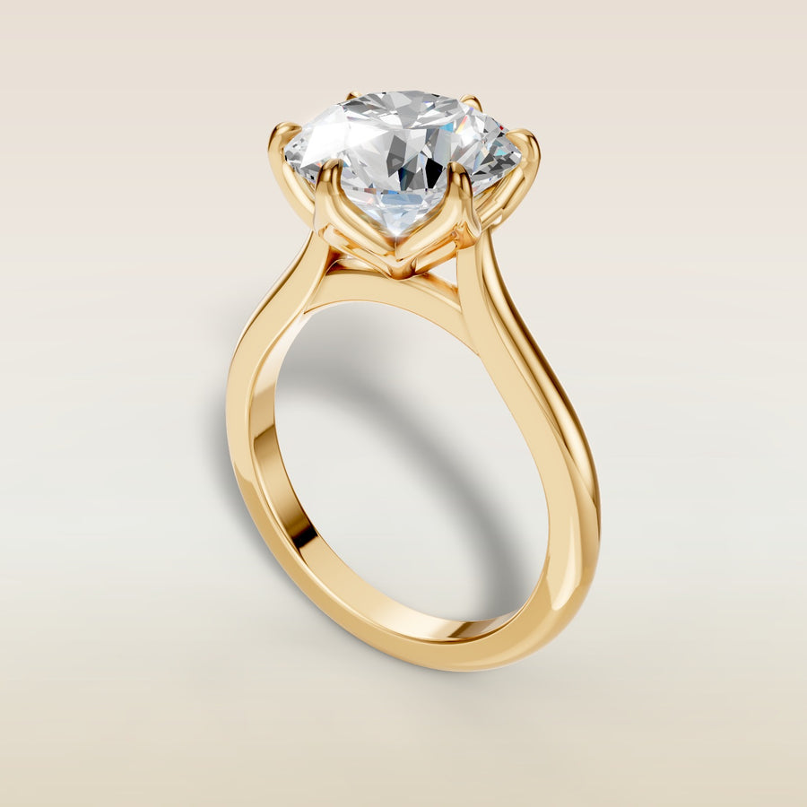 Round Tulip Six Petal engagement ring in yellow gold, angled view