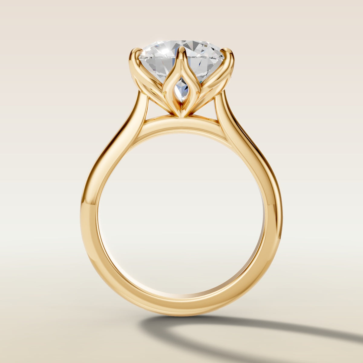 Round Tulip Six Petal engagement ring in yellow gold, front view