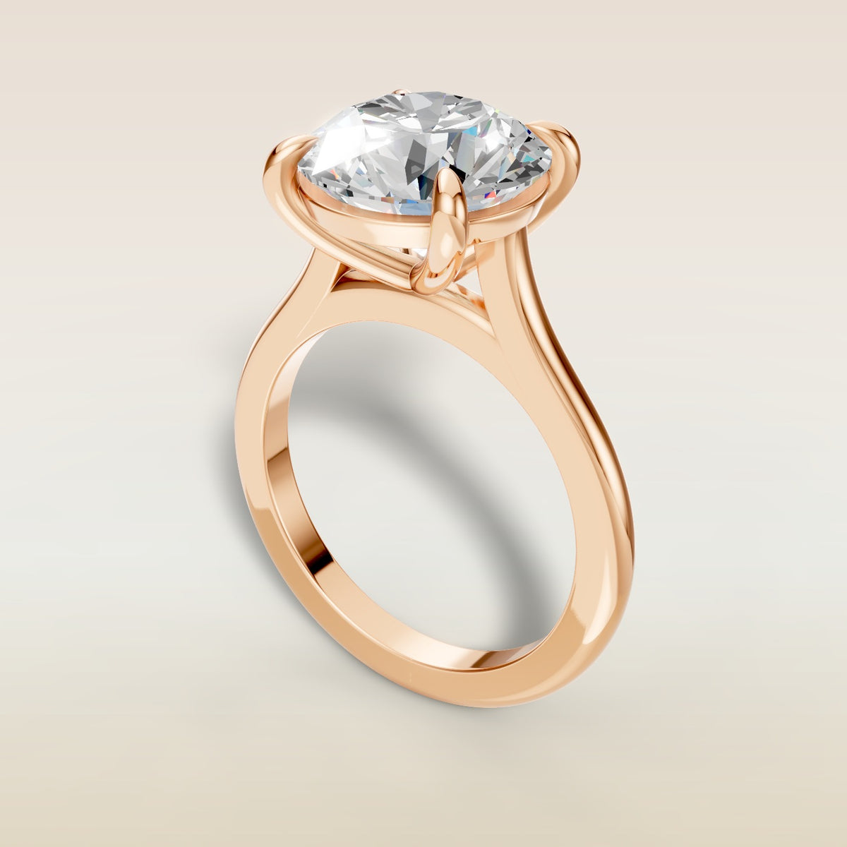 Round Classic Cathedral engagement ring in rose gold, angled view