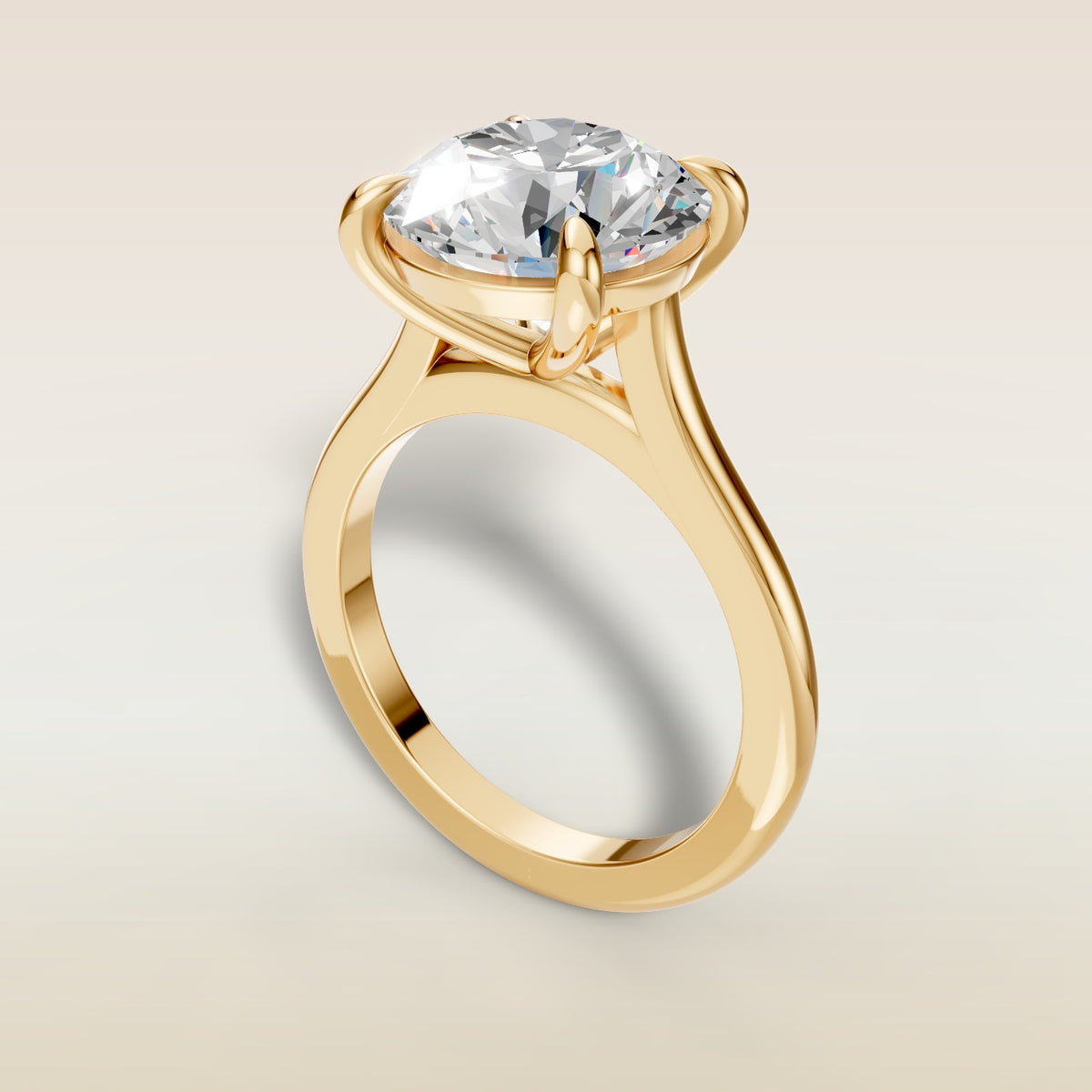 Round Classic Cathedral engagement ring in yellow gold, angled view