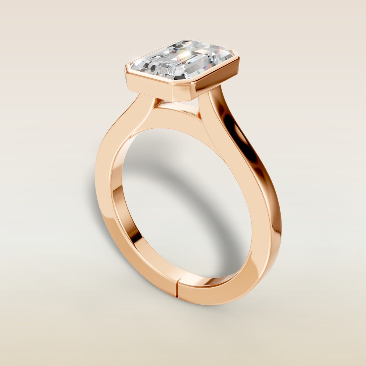 Emerald Full Bezel Cathedral engagement ring in rose gold, angled view