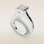 Emerald Full Bezel Cathedral engagement ring in white gold, angled view