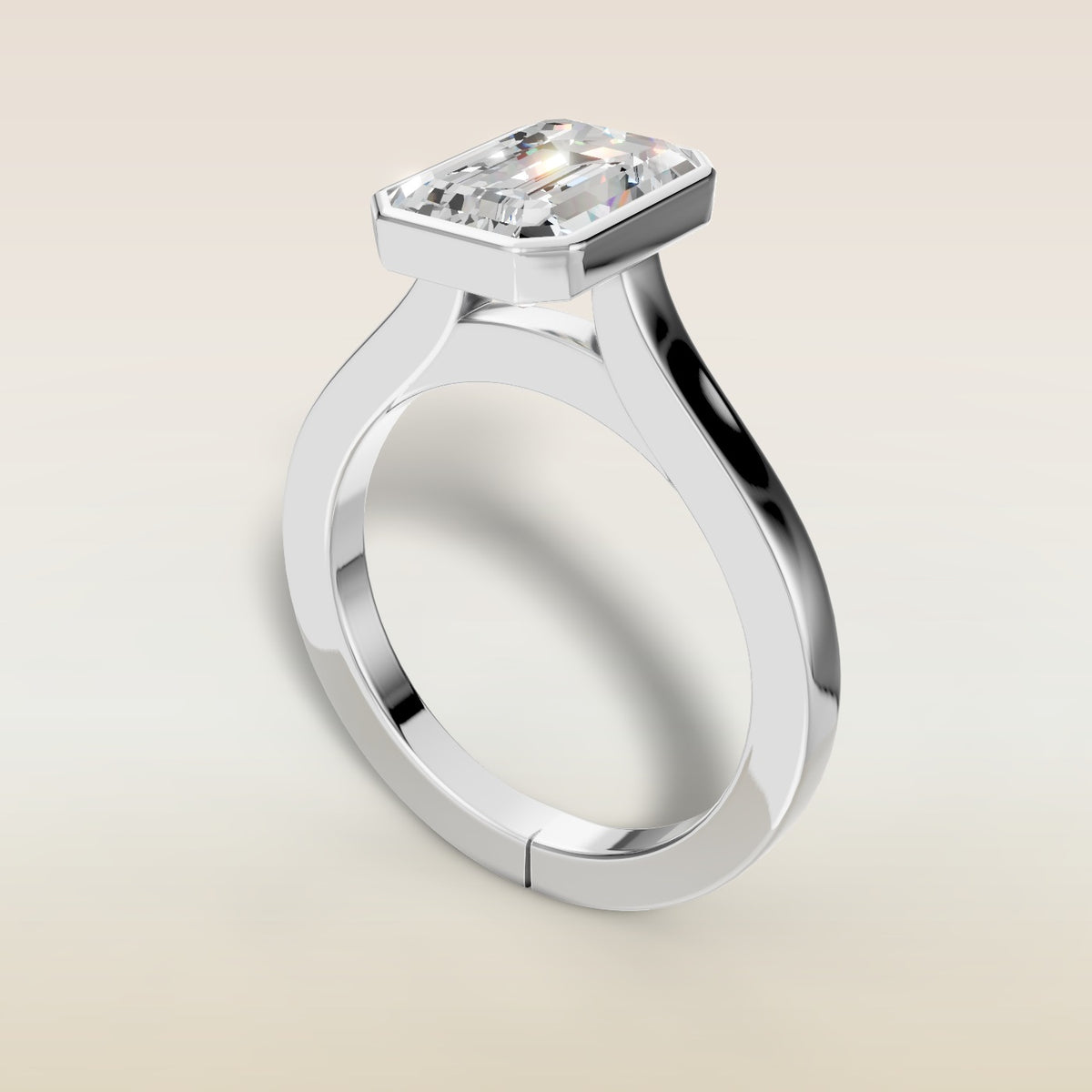 Emerald Full Bezel Cathedral engagement ring in white gold, angled view