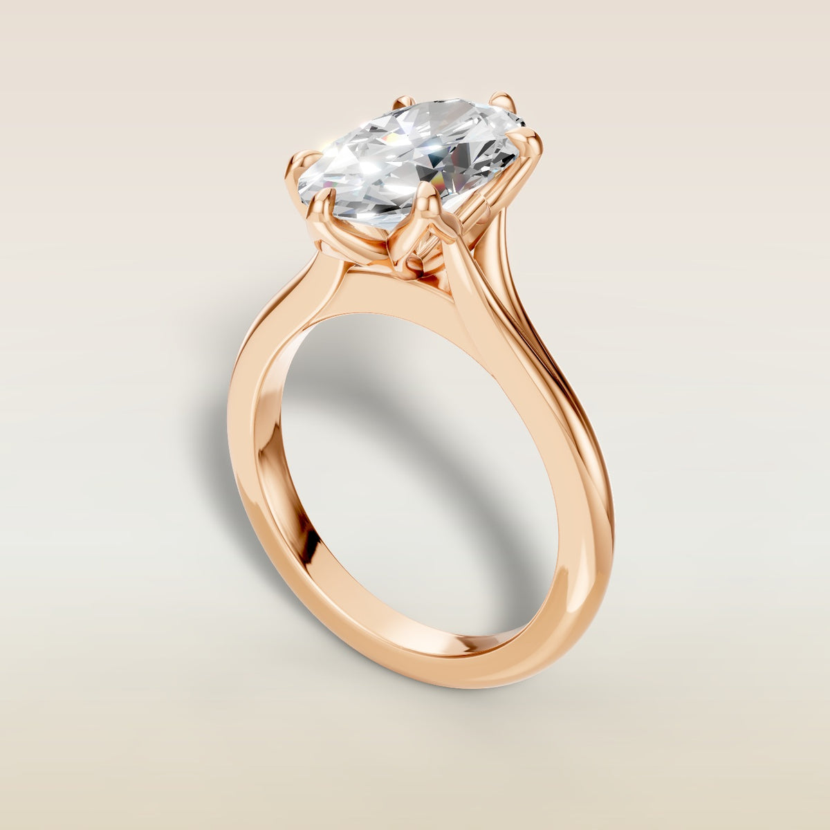 Moval Six Petal Tulip Split Shank engagement ring in rose gold, angled view
