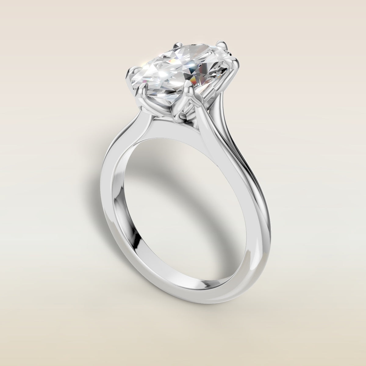 Moval Six Petal Tulip Split Shank engagement ring in white gold, angled view