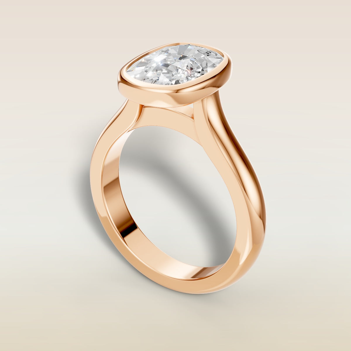 Cushion Full Bezel Cathedral engagement ring in rose gold, angled view