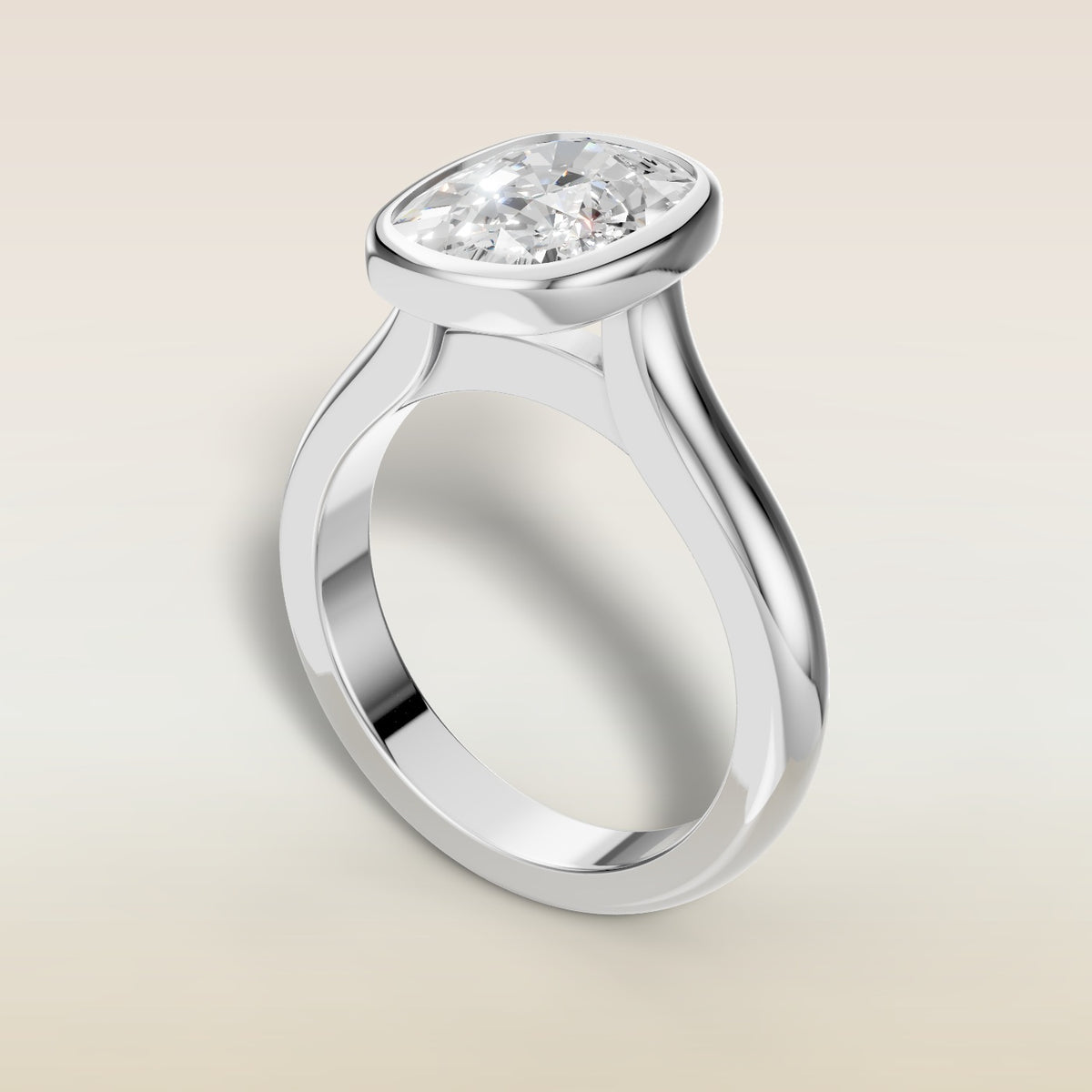 Cushion Full Bezel Cathedral engagement ring in white gold, angled view