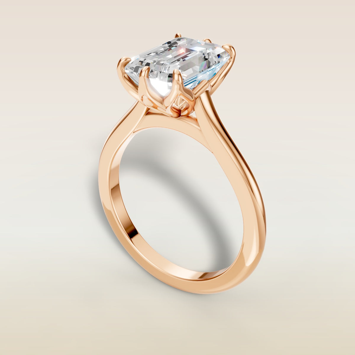 Emerald Tulip Six Petal engagement ring in rose gold, angled view