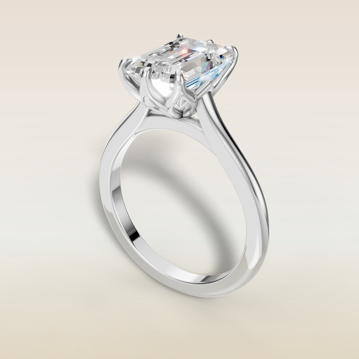 Emerald Tulip Six Petal engagement ring in white gold, angled view
