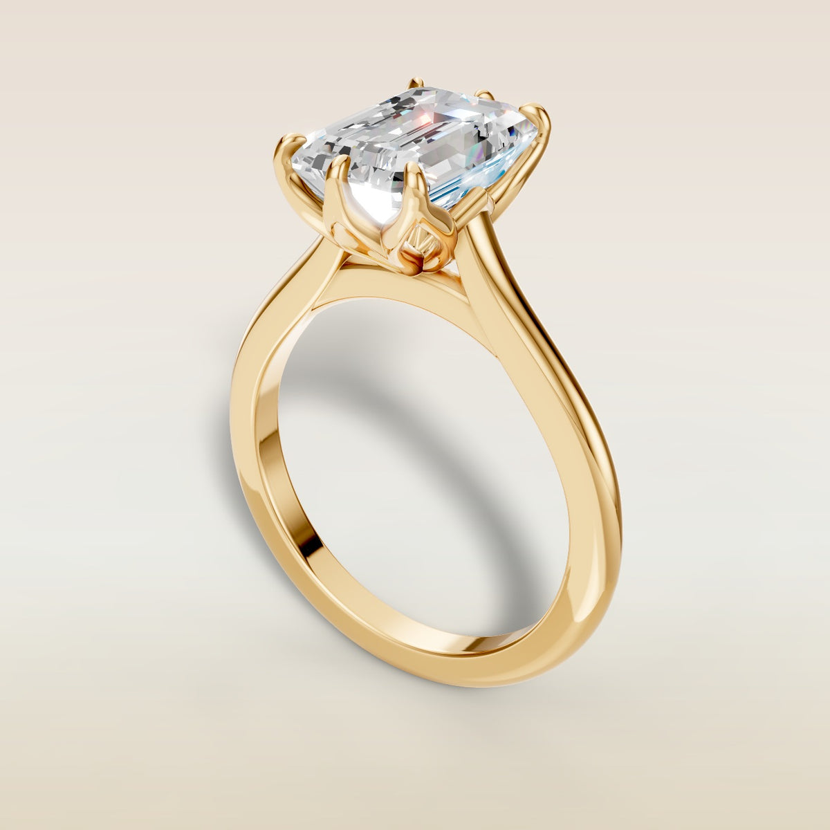 Emerald Tulip Six Petal engagement ring in yellow gold, angled view