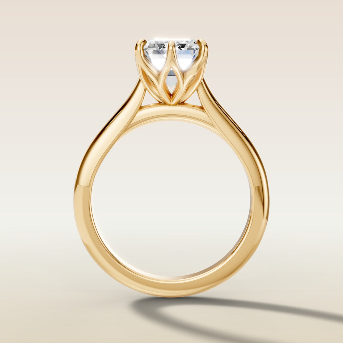 Emerald Tulip Six Petal engagement ring in yellow gold, front view