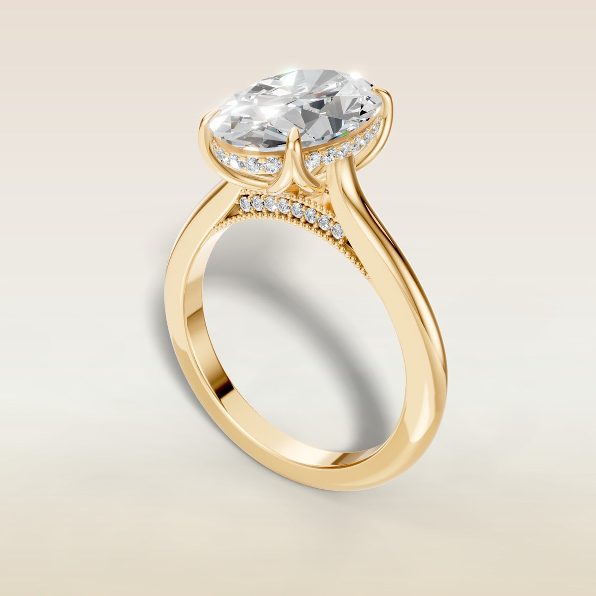 Oval Tulip with Milgrain Diamond Bridge engagement ring in yellow gold, angled view