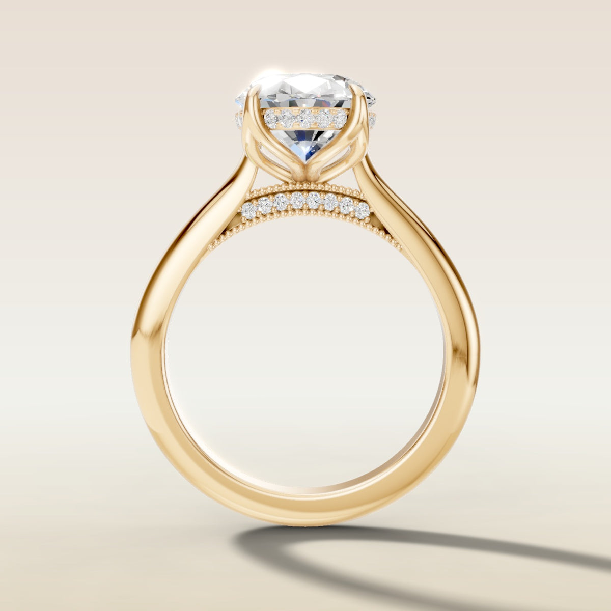 Oval Tulip with Milgrain Diamond Bridge engagement ring in yellow gold, front view