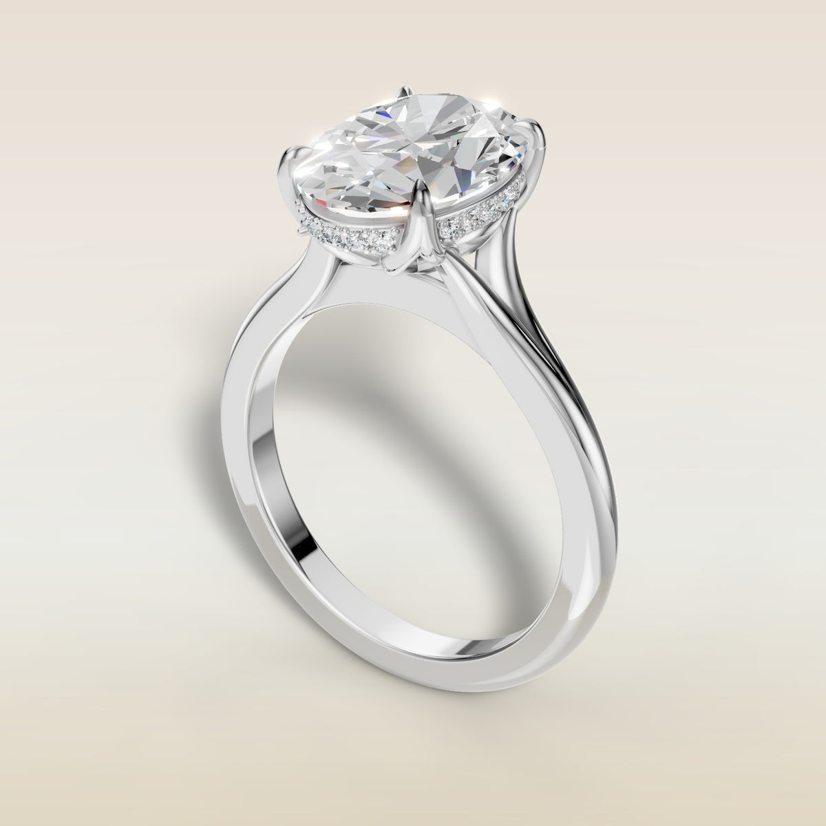 Oval Tulip Diamond Bridge Split Shank engagement ring in white gold, angled view