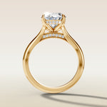 Oval Tulip Diamond Bridge Split Shank engagement ring in yellow gold, front view