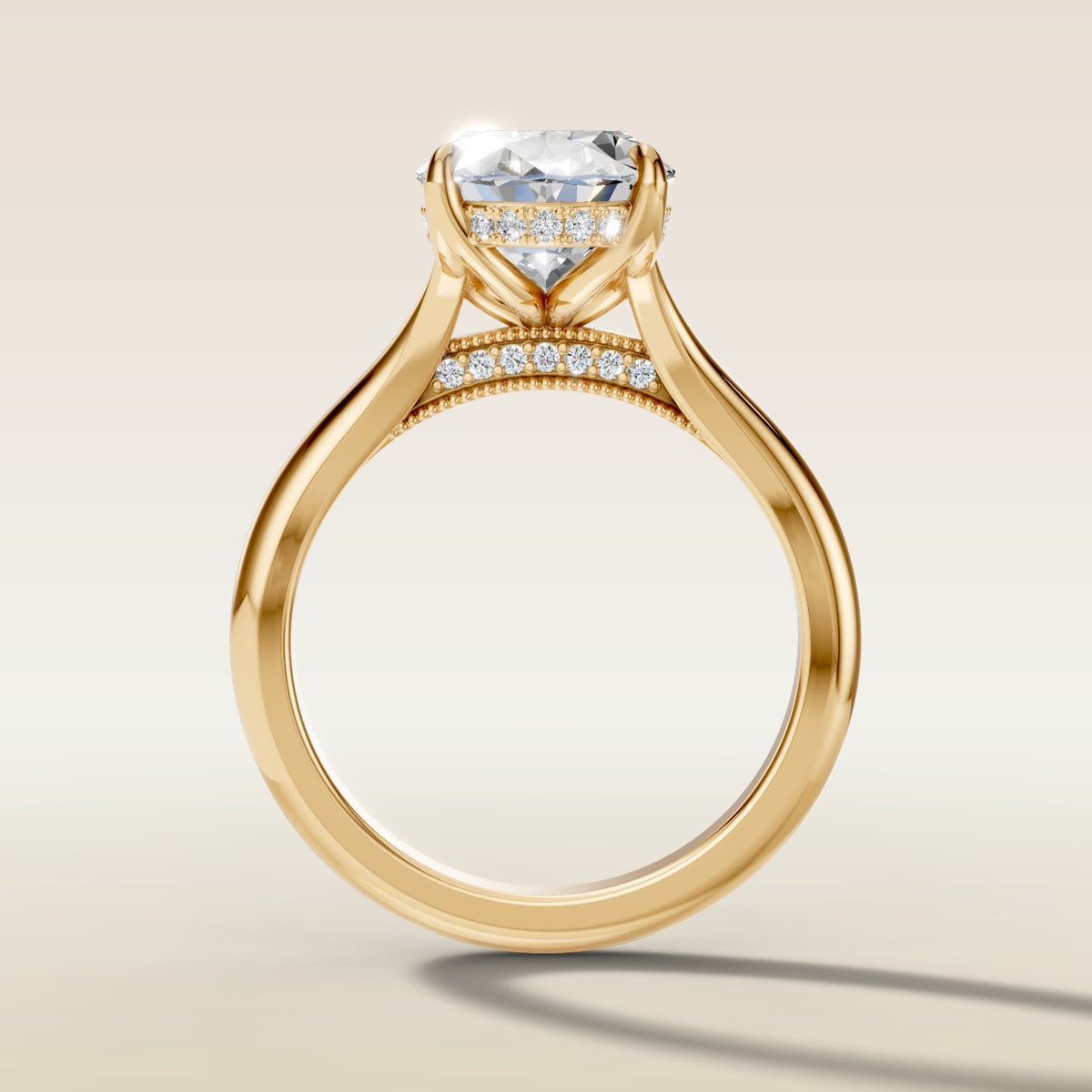 Oval Tulip Diamond Bridge Split Shank engagement ring in yellow gold, front view