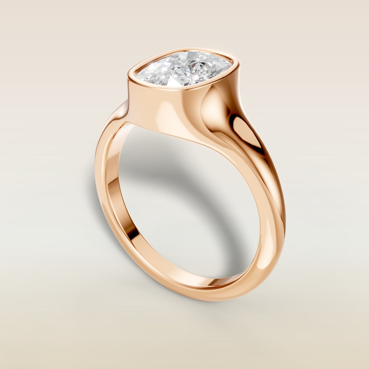 Cushion Full Bezel Low Profile engagement ring in rose gold, angled view