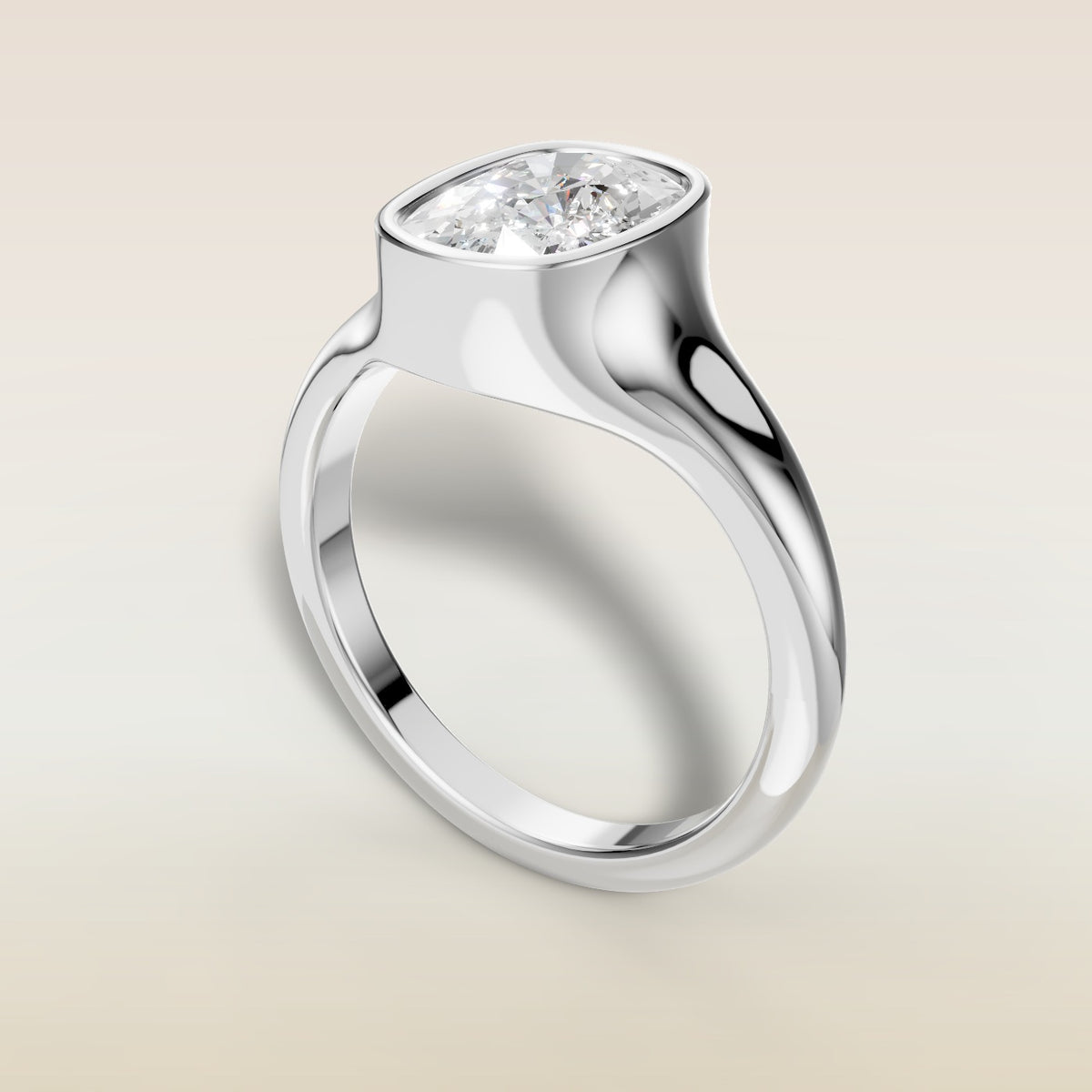 Cushion Full Bezel Low Profile engagement ring in white gold, angled view